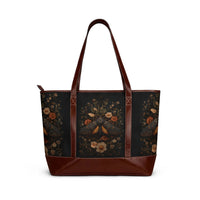 Load image into Gallery viewer, Vintage Botanical Moth Handbag | Dark Floral Tote with Leather Trim