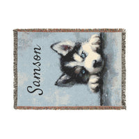 Load image into Gallery viewer, Personalized Husky Puppy Woven Blanket | Custom Name Throw, Pet Portrait Decor