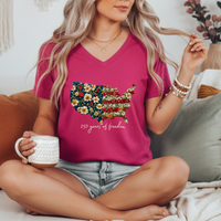 Load image into Gallery viewer, Patriotic Shirt Women – Floral Usa Vneck 250 Years Anniversary
