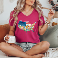 Load image into Gallery viewer, Fourth of July Shirt Women – Watercolor Usa 250 Vneck Floral Tee