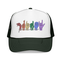 Load image into Gallery viewer, Pride ASL Hands Foam Trucker Hat | Rainbow Sign Language Cap