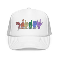 Load image into Gallery viewer, Pride ASL Hands Foam Trucker Hat | Rainbow Sign Language Cap