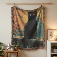 Load image into Gallery viewer, Black Cat Blanket – Handwoven Cotton Throw with Boho Mosaic Design