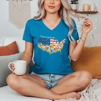 Load image into Gallery viewer, Fourth of July Shirt Women – Watercolor Usa 250 Vneck Floral Tee