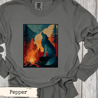 Load image into Gallery viewer, Mountain Landscape Shirt Wolf Howling Print Wilderness Campfire Scene Bold Nature Design Rustic Cabin Display Vintage Inspired Aesthetic Outdoor Adventure Home Styling Nature Lover Gift Hiking Enthusiast Artwork Rustic Living Room Print