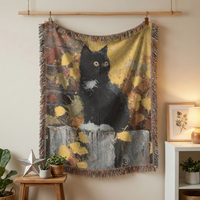 Load image into Gallery viewer, Black Cat Throw Blanket – Woven Cotton with Autumn Leaves Design