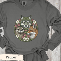 Load image into Gallery viewer, Cottagecore Wall Art Rustic Nature Print Woodland Animal Design Wolf Fox Otter Illustration Botanical Floral Elements Forest Wildlife Scene Beautiful Wildflower Details Perfect Home Styling Gift Nature Lover Mountain Cabin Display Outdoor