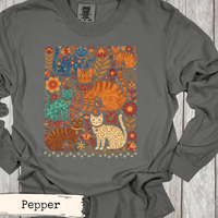 Load image into Gallery viewer, Cottagecore Cat Shirt Boho Fashion Design Nature Inspired Botanical Print Woodland Theme Apparel Multiple Cat Illustration Floral Pattern Orange Cream Blue Green Colors Artistic Clothing Gift For Cat Owner Nature Lover Forest Aesthetic
