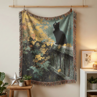 Load image into Gallery viewer, Black Cat Tapestry – Handwoven Cottagecore Throw Blanket