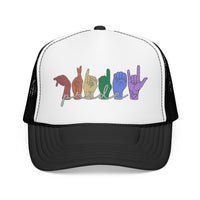 Load image into Gallery viewer, Pride ASL Hands Foam Trucker Hat | Rainbow Sign Language Cap
