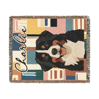 Load image into Gallery viewer, Bernese Mountain Dog Throw Woven Blanket | Retro Geometric Dog Portrait