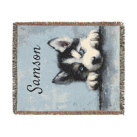 Load image into Gallery viewer, Personalized Husky Puppy Woven Blanket | Custom Name Throw, Pet Portrait Decor