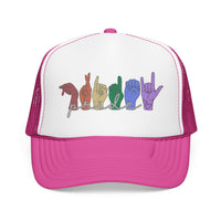 Load image into Gallery viewer, Pride ASL Hands Foam Trucker Hat | Rainbow Sign Language Cap