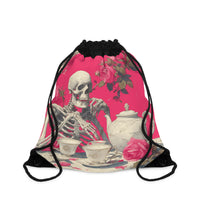 Load image into Gallery viewer, Skeleton Tea Party Drawstring Bag — Gothic Rose Floral Gym Sack