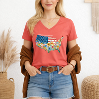 Load image into Gallery viewer, Fourth of July Shirt Women – Watercolor Usa 250 Vneck Floral Tee