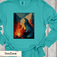 Load image into Gallery viewer, Rustic Home Styling Wolf Shirt Wilderness Adventure Print Mountain Campfire Scene Bold Howling Wolf Design Nature Lover Gift Cabin Interior Display Vintage Inspired Aesthetic Outdoor Enthusiast Artwork Mountain Landscape Print Hiking