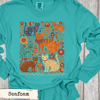 Load image into Gallery viewer, Artistic Cat Shirt Unique Botanical Design Woodland Nature Print Multiple Cat Illustration Pattern Floral Foliage Colors Orange Cream Blue Green Forest Theme Fashion Cottagecore Boho Style Apparel Gift For Cat Lover Nature Enthusiast