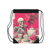 Load image into Gallery viewer, Skeleton Tea Party Drawstring Bag — Gothic Rose Floral Gym Sack