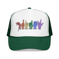 Load image into Gallery viewer, Pride ASL Hands Foam Trucker Hat | Rainbow Sign Language Cap
