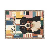 Load image into Gallery viewer, Bernese Mountain Dog Throw Woven Blanket | Retro Geometric Dog Portrait