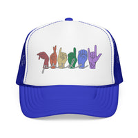 Load image into Gallery viewer, Pride ASL Hands Foam Trucker Hat | Rainbow Sign Language Cap