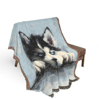 Load image into Gallery viewer, Personalized Husky Puppy Woven Blanket | Custom Name Throw, Pet Portrait Decor