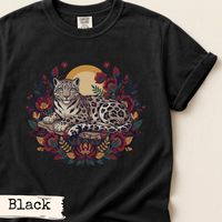 Load image into Gallery viewer, Mountain Wildlife Shirt Snow Leopard Graphic Design Nature Lover Apparel Rustic Wilderness Theme Animal Lover Gift Outdoor Enthusiast Clothing Forest Inspired Fashion Wild Cat Print Botanical Foliage Design Earthy Color Palette Adventure