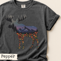 Load image into Gallery viewer, Moose Mountain Night Art Design | Floral Forest Silhouette | Woodland Wildlife | Nature-Inspired Graphic | Rustic Cabin Aesthetic