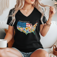 Load image into Gallery viewer, Fourth of July Shirt Women – Watercolor Usa 250 Vneck Floral Tee