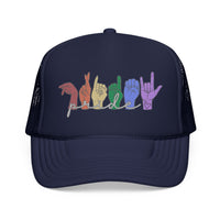 Load image into Gallery viewer, Pride ASL Hands Foam Trucker Hat | Rainbow Sign Language Cap