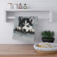 Load image into Gallery viewer, Blue-Eyed Husky Puppy Tea Towel | Cotton-Blend Kitchen Towel