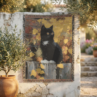 Load image into Gallery viewer, Black Cat Throw Blanket – Woven Cotton with Autumn Leaves Design