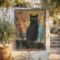 Load image into Gallery viewer, Black Cat Blanket – Handwoven Cotton Throw with Boho Mosaic Design