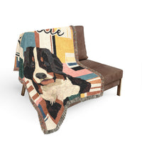 Load image into Gallery viewer, Bernese Mountain Dog Throw Woven Blanket | Retro Geometric Dog Portrait