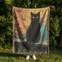 Load image into Gallery viewer, Black Cat Blanket – Handwoven Cotton Throw with Boho Mosaic Design