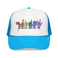 Load image into Gallery viewer, Pride ASL Hands Foam Trucker Hat | Rainbow Sign Language Cap