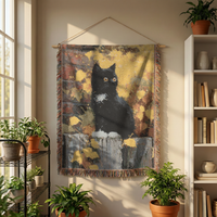 Load image into Gallery viewer, Black Cat Throw Blanket – Woven Cotton with Autumn Leaves Design