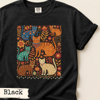 Load image into Gallery viewer, Cat Lover Gift Shirt Nature Inspired Design Botanical Print Pattern Woodland Theme Multiple Cat Illustration Floral Foliage Colors Orange Cream Blue Green Cottagecore Fashion Boho Style Artistic Apparel Perfect Present Cat Owner Birthday