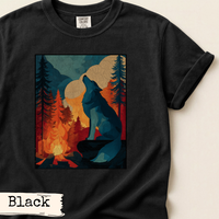 Load image into Gallery viewer, Nature Lover Gift Wolf Shirt Mountain Campfire Scene Wilderness Print Bold Howling Wolf Design Rustic Cabin Interior Display Vintage Inspired Aesthetic Outdoor Adventure Home Styling Hiking Enthusiast Artwork Mountain Landscape Print