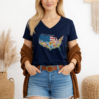 Load image into Gallery viewer, Fourth of July Shirt Women – Watercolor Usa 250 Vneck Floral Tee