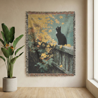 Load image into Gallery viewer, Black Cat Tapestry – Handwoven Cottagecore Throw Blanket