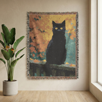 Load image into Gallery viewer, Black Cat Blanket – Handwoven Cotton Throw with Boho Mosaic Design