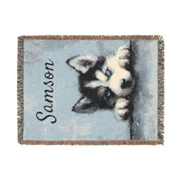 Load image into Gallery viewer, Personalized Husky Puppy Woven Blanket | Custom Name Throw, Pet Portrait Decor