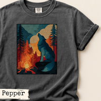 Load image into Gallery viewer, Outdoor Adventure Shirt Wolf Wilderness Print Mountain Campfire Scene Bold Howling Wolf Design Vintage Inspired Rustic Aesthetic Nature Lover Home Styling Cabin Interior Display Hiking Enthusiast Gift Mountain Landscape Artwork Rustic