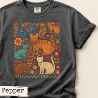 Load image into Gallery viewer, Botanical Cat Shirt Woodland Design Nature Theme Clothing Multiple Cat Pattern Floral Foliage Illustration Orange Blue Green Cream Colors Artistic Print Fashion Cottagecore Style Boho Aesthetic Gift For Cat Lover Nature Enthusiast Outdoor