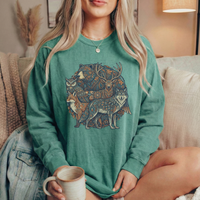 Load image into Gallery viewer, Mandala Long Sleeve Shirt Bohemian Mens Tee Nature Graphic Design Woodland Forest Pattern Hippie Style Clothing Vintage Inspired Aesthetic Geometric Art Tree Motifs Casual Outdoor Wear Comfortable Cotton Construction Free Spirited Fashion