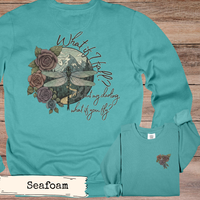 Load image into Gallery viewer, Inspirational Quote Sweatshirt What If You Fly Message Dragonfly Nature Design Mountain Path Scenery Floral Pattern Vintage Aesthetic Cozy Comfort Hiking Gift For Woman Outdoor Adventure Wear Campfire Evening Essential Motivational Clothing