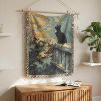 Load image into Gallery viewer, Black Cat Tapestry – Handwoven Cottagecore Throw Blanket