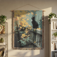 Load image into Gallery viewer, Black Cat Tapestry – Handwoven Cottagecore Throw Blanket