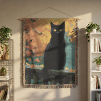 Load image into Gallery viewer, Black Cat Blanket – Handwoven Cotton Throw with Boho Mosaic Design